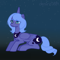 Size: 3000x3000 | Tagged: safe, artist:desire0884, princess luna, alicorn, pony, g4, female, folded wings, horn, lying down, mare, peytral, prone, s1 luna, signature, solo, tail, wings