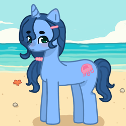 Size: 4000x4000 | Tagged: safe, artist:desire0884, oc, oc only, oc:ocean jewel, pony, unicorn, beach, blushing, female, horn, looking at you, mare, ocean, outdoors, sand, solo, tail, unicorn oc, water