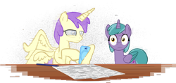 Size: 2154x1024 | Tagged: safe, artist:equestriaexploration, alula, pluto, princess erroria, shiny sparks, alicorn, pony, g4, g5, alicornified, cellphone, error, female, glitch, mare, phone, race swap, simple background, sparksicorn, transparent background