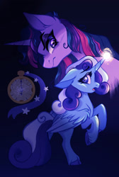 Size: 1738x2583 | Tagged: safe, artist:carouselunique, minuette, twilight sparkle, alicorn, unicorn, side stars au, g4, alicornified, alternate universe, cloven hooves, duo, duo female, female, gradient background, horn, mare, minuetticorn, pocket watch, race swap