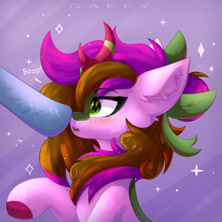 Size: 3400x3400 | Tagged: safe, artist:gaffy, oc, oc only, oc:sharp stem, kirin, pony, blushing, boop, ear fluff, female, fluffy, kirin oc, mare, patterned background, solo, sparkles