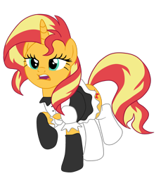 Size: 2126x2226 | Tagged: safe, artist:gmaplay, sunset shimmer, pony, unicorn, equestria girls, g4, clothes, cute, horn, maid, shimmerbetes, simple background, solo, standing, sunset shimmer day, transparent background