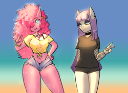 Size: 3176x2315 | Tagged: safe, artist:lizzard_sama, maud pie, pinkie pie, anthro, g4, beach, bracelet, clothes, curly hair, daisy dukes, duo, duo female, ear piercing, earring, female, fishnet clothing, front knot midriff, gradient background, hand on hip, hooped earrings, jewelry, lidded eyes, midriff, necklace, outdoors, peace sign, piercing, shorts, wet