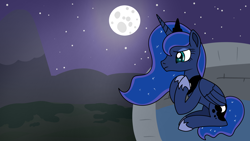 Size: 1920x1080 | Tagged: safe, artist:platinumdrop, princess luna, pony, g4, moon, night, outdoors, solo, worried