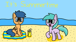 Size: 1576x872 | Tagged: safe, artist:gillianthecreator36, aura (g4), first base, earth pony, pegasus, pony, g4, beach, beach blanket, best friends, blank flank, closed mouth, cute, drink, duo, female, filly, foal, folded wings, friends, hooves, juice, lemonade, open mouth, open smile, outdoors, pegasus first base, race swap, raised hoof, sand, sitting, smiling, summer, summertime, water, wings