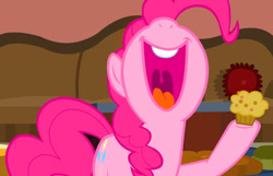 Size: 924x596 | Tagged: safe, screencap, pinkie pie, earth pony, pony, daring done?, g4, food, muffin, open mouth, open smile, smiling, solo, uvula, volumetric mouth