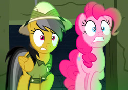 Size: 826x582 | Tagged: safe, screencap, daring do, pinkie pie, earth pony, pegasus, pony, daring done?, g4, cropped, duo, duo female, female, somnambula (location)