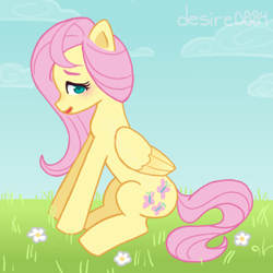 Size: 4000x4000 | Tagged: safe, artist:desire0884, fluttershy, pegasus, pony, g4, blushing, cloud, flower, folded wings, grass, open mouth, open smile, outdoors, signature, sitting, smiling, solo, tail, wings