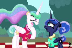 Size: 1800x1200 | Tagged: safe, artist:jesslmc16, princess celestia, princess luna, pony, between dark and dawn, g4, season 9, argument, clothes, duo, duo female, female, forest, forest background, hawaiian shirt, nature, open mouth, outdoors, picnic blanket, ponytail, quarrel, scene interpretation, shirt, tree, yelling