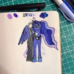 Size: 3024x3024 | Tagged: safe, artist:anonymous, princess luna, alicorn, human, pony, g4, /bale/, beginner artist, clothes, cutting mat, duo, duo male and female, female, front view, highlighter drawing, hoof shoes, hug, human and pony, ink drawing, luna's crown, male, man, mare, necktie, peytral, side view, standing, suit, traditional art, winghug, wings