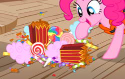 Size: 946x600 | Tagged: safe, screencap, pinkie pie, g4, ppov, boat, candy, cotton candy, cropped, food, lollipop, peanuts, solo