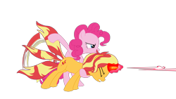 Size: 4977x2800 | Tagged: safe, artist:gmaplay, pinkie pie, sunset shimmer, earth pony, pony, unicorn, a canterlot wedding, equestria girls, g4, behaving like a weapon, blast, duo, duo female, female, horn, magic, magic aura, magic blast, mare, simple background, sunset shimmer day, transparent background