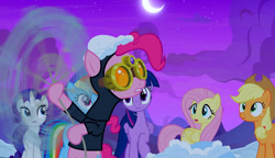 Size: 1034x596 | Tagged: safe, screencap, applejack, fluttershy, pinkie pie, rainbow dash, rarity, twilight sparkle, alicorn, pony, g4, not asking for trouble, black suit, goggles, moon, night, outdoors, pinkie spy, snow, twilight sparkle (alicorn)