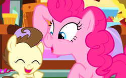 Size: 954x592 | Tagged: safe, screencap, pinkie pie, pound cake, earth pony, pegasus, pony, g4, it isn't the mane thing about you, cropped, cute, diapinkes, duo, indoors, poundabetes, sugarcube corner