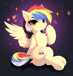 Size: 3813x3980 | Tagged: safe, artist:empress-twilight, oc, oc only, oc:auspice cloud, pegasus, pony, blushing, butt, cheek fluff, chest fluff, commission, dock, ear fluff, eye clipping through hair, eyebrows, eyebrows visible through hair, female, leg fluff, looking at you, mare, pegasus oc, plot, smiling, smiling at you, solo, spread wings, tail, underhoof, wings, ych result