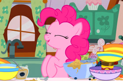 Size: 876x578 | Tagged: safe, screencap, pinkie pie, earth pony, pony, g4, secrets and pies, batter, bowl, cute, diapinkes, food, indoors, kitchen, sink, solo, sugarcube corner