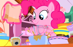 Size: 898x576 | Tagged: safe, screencap, pinkie pie, earth pony, pony, g4, secrets and pies, batter, egg beater, food, indoors, kitchen, solo, sugarcube corner