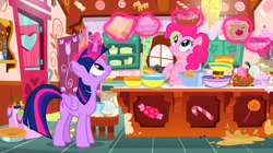 Size: 1012x568 | Tagged: safe, pinkie pie, twilight sparkle, alicorn, earth pony, pony, g4, season 7, secrets and pies, baking, female, indoors, magic, magic aura, mare, sugarcube corner, twilight sparkle (alicorn)