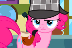 Size: 870x584 | Tagged: safe, pinkie pie, earth pony, pony, g4, secrets and pies, globe, indoors, microscope, pipe, sherlock pie