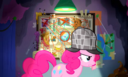 Size: 939x572 | Tagged: safe, cheerilee, pinkie pie, rainbow dash, earth pony, pony, g4, secrets and pies, food, indoors, party cave, pie, sherlock pie, string theory