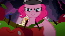 Size: 1050x586 | Tagged: safe, pinkie pie, earth pony, pony, g4, secrets and pies, apple, clipboard, food, indoors, party cave, sherlock pie, string theory