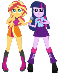 Size: 2900x3609 | Tagged: safe, artist:gmaplay, sunset shimmer, twilight sparkle, rainbow rocks 10th anniversary, equestria girls, g4, my little pony equestria girls: rainbow rocks, bare shoulders, clothes, duo, duo female, female, microphone, simple background, skirt, sleeveless, transparent background, welcome to the show