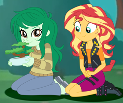 Size: 3856x3214 | Tagged: safe, artist:gmaplay, sunset shimmer, wallflower blush, equestria girls, equestria girls specials, g4, my little pony equestria girls: better together, my little pony equestria girls: forgotten friendship, bonsai, clothes, cute, duo, duo female, female, flowerbetes, freckles, good end, outdoors, photo, potted plant, shimmerbetes, smiling, sweater, vest