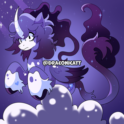 Size: 2590x2590 | Tagged: safe, artist:draconicatt, oc, oc only, oc:cosmic sparkle, alicorn, alicorn oc, artfight, cloud, curved horn, folded wings, horn, looking at you, signature, solo, sparkles, tail, unshorn fetlocks, wings