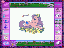 Size: 800x600 | Tagged: safe, light heart, morning glory (g2), sweet berry, bee, butterfly, earth pony, insect, pony, g2, my little pony: friendship gardens, 123, abc, alphabet, beauty salon, bridge, coloring, cottage, cursor, cute, dance studio, eraser, exit, female, flower, flower in hair, g2 morningdorable, games cottage, garden, hair salon, letter, logo, mare, my little pony logo, numbers, oops, open mouth, open smile, pattern, pc game, ponyland, print, printable, rainbow, salon, school, shed, sitting, smiling, thatched roof cottages, video game, village, wagon, whiteboard