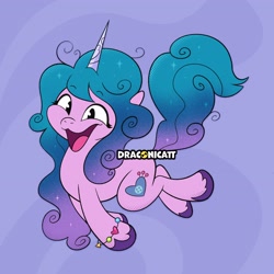 Size: 2702x2702 | Tagged: safe, artist:draconicatt, izzy moonbow, pony, unicorn, g5, bracelet, female, friendship bracelet, horn, jewelry, mare, open mouth, open smile, signature, smiling, solo, tail, unshorn fetlocks