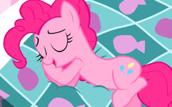 Size: 954x594 | Tagged: safe, pinkie pie, earth pony, pony, g4, the one where pinkie pie knows, cute, diapinkes, eyes closed, female, lying down, mare, solo