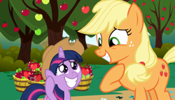 Size: 1165x672 | Tagged: safe, edit, edited screencap, editor:marefieber, screencap, applejack, twilight sparkle, earth pony, pony, unicorn, g4, season 4, season 9, somepony to watch over me, sparkle's seven, apple, apple tree, applejack's hat, basket, bush, cowboy hat, cropped, cute, day, duo, female, filly, filly twilight sparkle, flower, foal, food, grass, happy, hat, hatless, hoof on chest, horn, i can't believe it's not hasbro studios, looking down, looking up, mare, missing accessory, motherly, outdoors, path, proud, raised hoof, smol, time paradox, tree, twiabetes, unicorn twilight, wait what, wide smile, younger