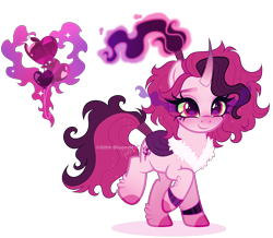 Size: 1750x1526 | Tagged: safe, artist:gihhbloonde, oc, oc only, pony, unicorn, adoptable, bracelet, cape, clothes, colored hooves, colored horn, colored sclera, curved horn, ethereal mane, female, fur collar, gradient horn, gradient legs, green sclera, grid adoptable, hooves, horn, jewelry, magenta eyes, mare, offspring, parent:king sombra, parent:pinkie pie, parents:sombrapie, ponytail, simple background, solo, sombra eyes, sombra horn, standing on two hooves, transparent background, unicorn oc