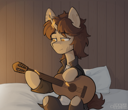 Size: 3064x2652 | Tagged: safe, artist:crashbrush, oc, oc only, pony, unicorn, bed, clothes, commission, female, guitar, high res, horn, looking at something, magic, mare, musical instrument, pillow, sad smile, scar, sitting, sitting on bed, solo, telekinesis, yellow eyes