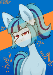 Size: 2091x2962 | Tagged: safe, artist:crashbrush, sonata dusk, earth pony, pony, rainbow rocks 10th anniversary, g4, blue fur, bust, ear fluff, female, looking at you, mare, ponified, ponytail, simple background, solo, two toned mane