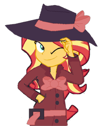 Size: 1126x1438 | Tagged: safe, artist:mlpfan3991, sunset shimmer, human, display of affection, equestria girls, g4, my little pony equestria girls: better together, clothes, clothes swap, detective, detective rarity, detective shimmer, fedora, female, hat, hat tip, one eye closed, simple background, solo, sunset shimmer day, transparent background, trenchcoat, wink