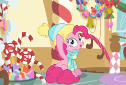 Size: 842x566 | Tagged: safe, pinkie pie, earth pony, pony, g4, my little pony best gift ever, my little pony: friendship is magic, clothes, hat, scarf, winter hat