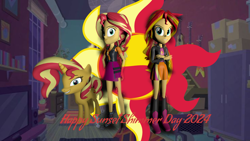 Size: 2048x1152 | Tagged: safe, artist:gaelgaming1, sunset shimmer, human, pony, unicorn, equestria girls, g4, 3d, boots, clothes, female, high heel boots, horn, indoors, jacket, shirt, shoes, skirt, solo, source filmmaker, sunset shimmer day