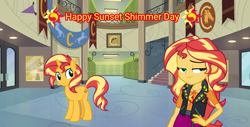 Size: 1518x772 | Tagged: safe, artist:lizzmcclin, sunset shimmer, human, pony, unicorn, equestria girls, g4, canterlot high, female, horn, solo, sunset shimmer day