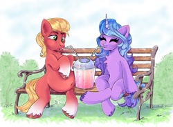 Size: 2048x1510 | Tagged: safe, artist:pozya1007, izzy moonbow, sprout cloverleaf, earth pony, pony, unicorn, g5, belly, belly button, bench, big belly, bush, chest fluff, commission, commissioner:puffydearlysmith, crossed legs, drink, drinking, drinking straw, duo, duo male and female, eyes closed, fat, female, horn, male, mare, outdoors, ship:izzysprout, shipping, sitting, smiling, sprout blubberleaf, stallion, straight, tail, unshorn fetlocks