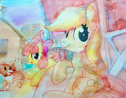 Size: 3300x2565 | Tagged: safe, artist:mandumustbasukanemen, apple bloom, applejack, winona, dog, earth pony, pony, g4, duo, female, filly, foal, mare, sweet apple acres, traditional art, watercolor painting