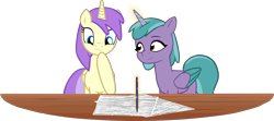 Size: 2154x953 | Tagged: safe, artist:equestriaexploration, alula, pluto, princess erroria, shiny sparks, alicorn, pony, g4, g5, my little pony: tell your tale, alicornified, duo, duo female, female, generational ponidox, magic, mare, paper, race swap, show accurate, simple background, sparksicorn, tell your tale accurate, transparent background