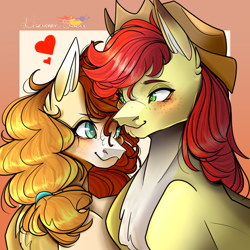 Size: 1000x1000 | Tagged: safe, artist:legendaryshadee, bright mac, pear butter, pony, g4, duo, duo male and female, female, gradient background, male, ship:brightbutter, shipping, straight