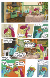 Size: 2088x3248 | Tagged: safe, artist:seventozen, apple bloom, rainbow dash, pegasus, pony, comic:the problem of parthus, g4, chair, comic, female, filly, foal, gearbox, jar, mare