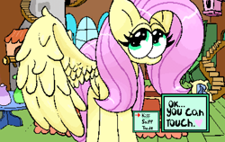 Size: 3800x2400 | Tagged: safe, artist:boneappleteeth, fluttershy, pegasus, g4, digital art, female, fluttershy's cottage, fluttershy's cottage (interior), indoors, mare, one wing out, pixel art, wings