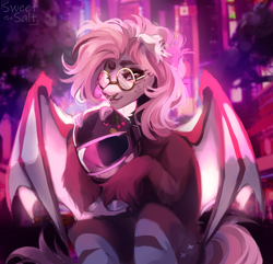 Size: 3702x3567 | Tagged: safe, artist:sweettsa1t, oc, oc only, bat pony, pony, bat pony oc, city, ear piercing, earring, female, freckles, glasses, helmet, high res, hoof hold, jewelry, looking at you, mare, outdoors, piercing, round glasses, sitting, solo, unshorn fetlocks