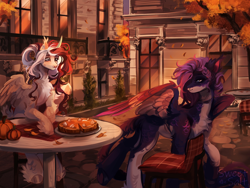 Size: 2560x1920 | Tagged: safe, artist:sweettsa1t, oc, oc only, alicorn, pegasus, pony, autumn, chest fluff, commission, duo, duo female, ear piercing, earring, falling leaves, feathered fetlocks, female, food, high res, jewelry, leaves, lidded eyes, mare, outdoors, pale belly, pie, piercing, pumpkin, pumpkin pie, sitting, smiling