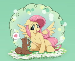 Size: 3042x2480 | Tagged: safe, artist:neoshrek, fluttershy, pegasus, pony, squirrel, g4, duo, female, flower, high res, mare, open mouth, open smile, pictogram, sitting, smiling, solo, speech bubble