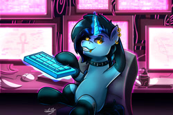 Size: 1095x730 | Tagged: safe, artist:littletigressda, oc, oc only, oc:tansha, mouse, pony, unicorn, art contest, clothes, collar, computer, cyberpunk, ear piercing, egyptian, female, hacker, horn, indoors, keyboard, lip piercing, magic, mare, monitor, piercing, science fiction, setting: neo somnambula, solo, stockings, telekinesis, thigh highs