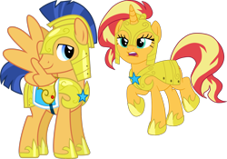 Size: 3354x2348 | Tagged: safe, artist:chainchomp2, artist:gmaplay, edit, vector edit, flash sentry, sunset shimmer, pegasus, pony, unicorn, equestria girls, g4, three's a crowd, armor, clothes, cute, duo, duo male and female, female, guardsmare, horn, male, mare, royal guard, shimmerbetes, ship:flashimmer, shipping, simple background, spread wings, stallion, standing, straight, sunset shimmer day, transparent background, vector, wings